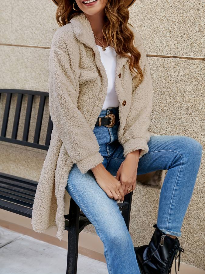 Dam Teddyjacka Knappstängning Mjuk Polyester Lång Teddyjacka-2