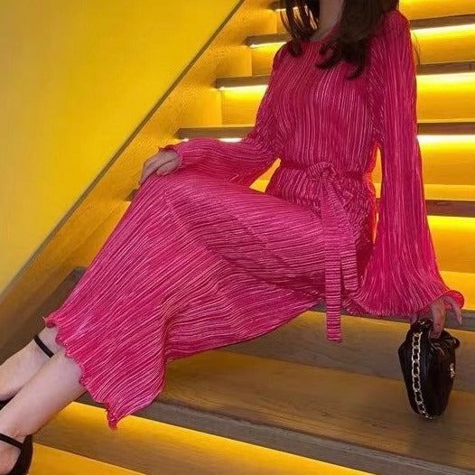 Kvinna Lång Klänning Veckad Polyester-4