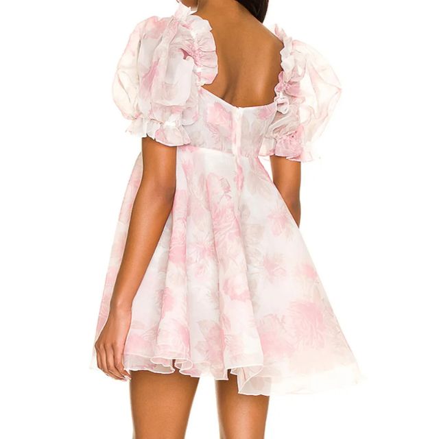 Kvinna Klänning Blommönster Puffärmar Organza-3