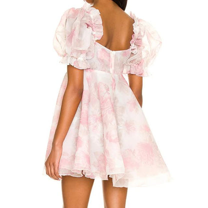 Kvinna Klänning Blommönster Puffärmar Organza-3