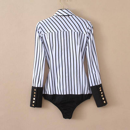 Dam Bodysuit Långärmad Randig Polyester med Vikbar Krage-2