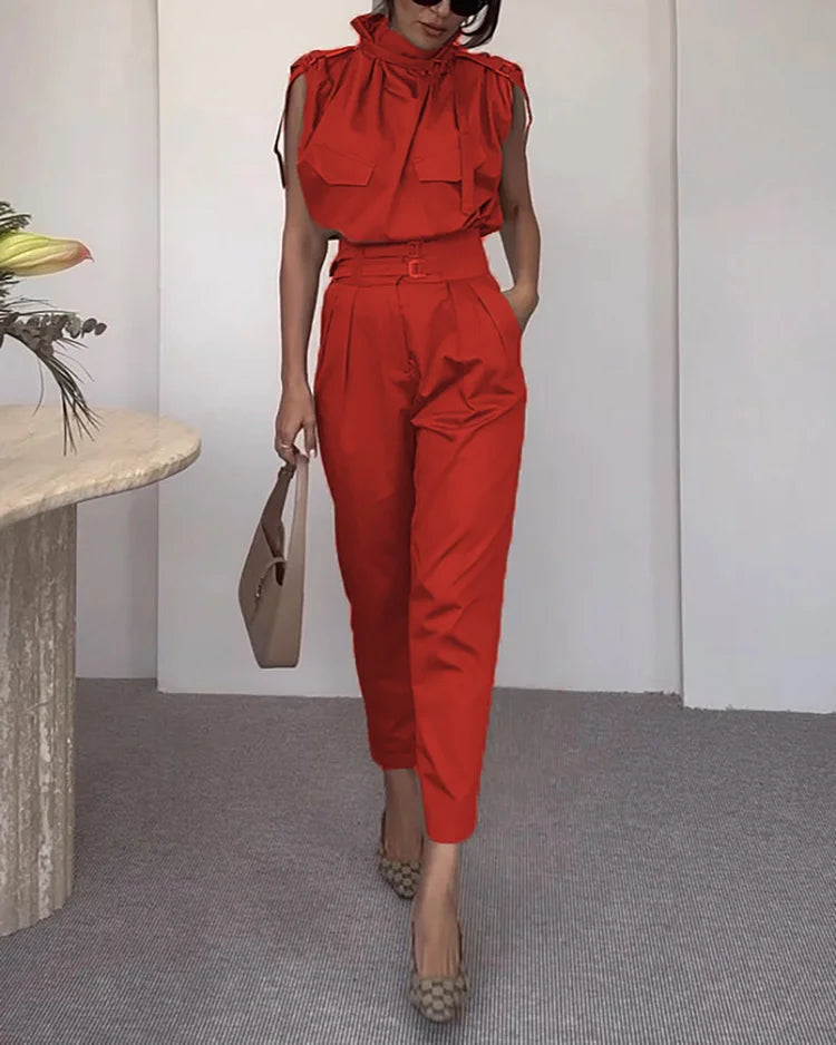 Variant image for Dam Set Krawattenhals Topp och Byxor Polyester Avslappnad-5