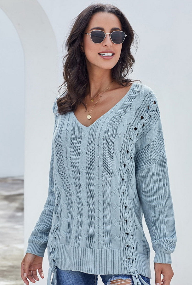 Dam Stickad Tröja Långärmad Bomull V-Formad Halsringning-2