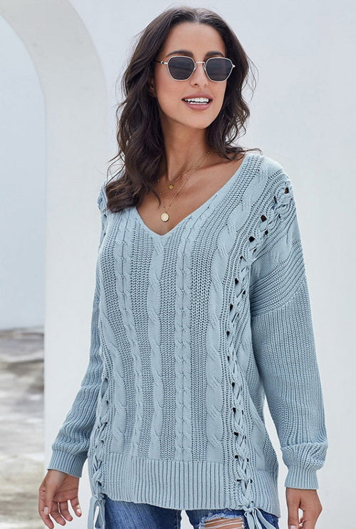 Dam Stickad Tröja Långärmad Bomull V-Formad Halsringning-1