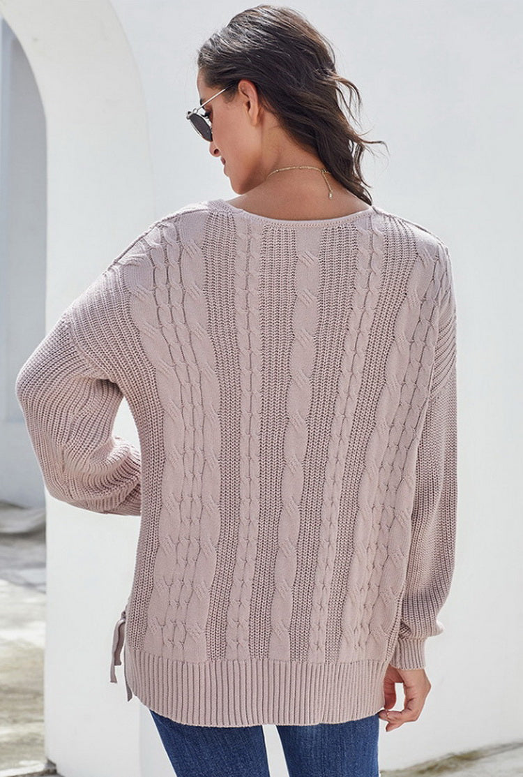 Dam Stickad Tröja Långärmad Bomull V-Formad Halsringning-5