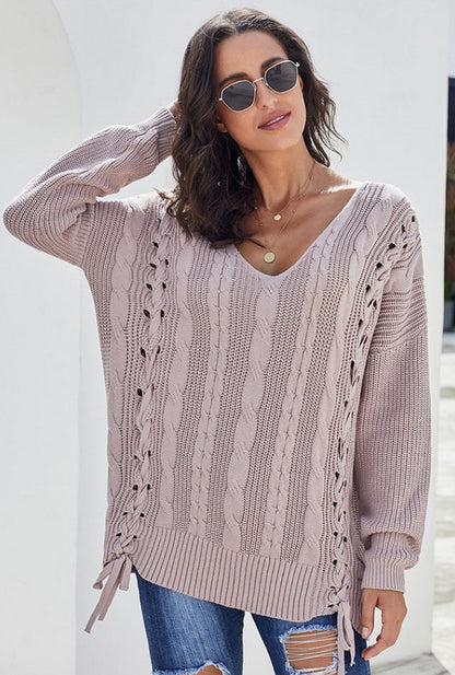 Dam Stickad Tröja Långärmad Bomull V-Formad Halsringning-4