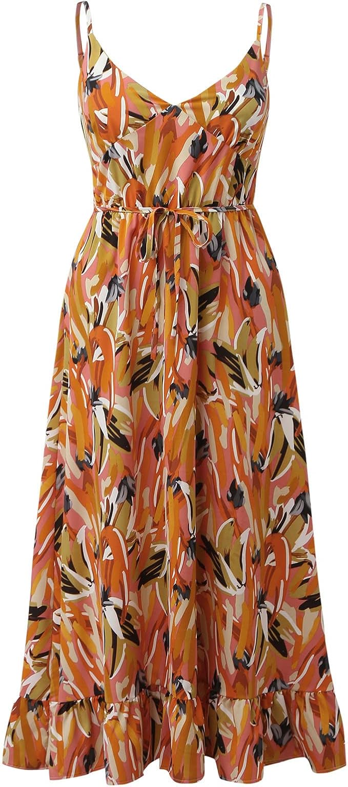 Dam Sommarklänning Boho Stil Polyester Spaghettiband V-Ringning Rygglös-4