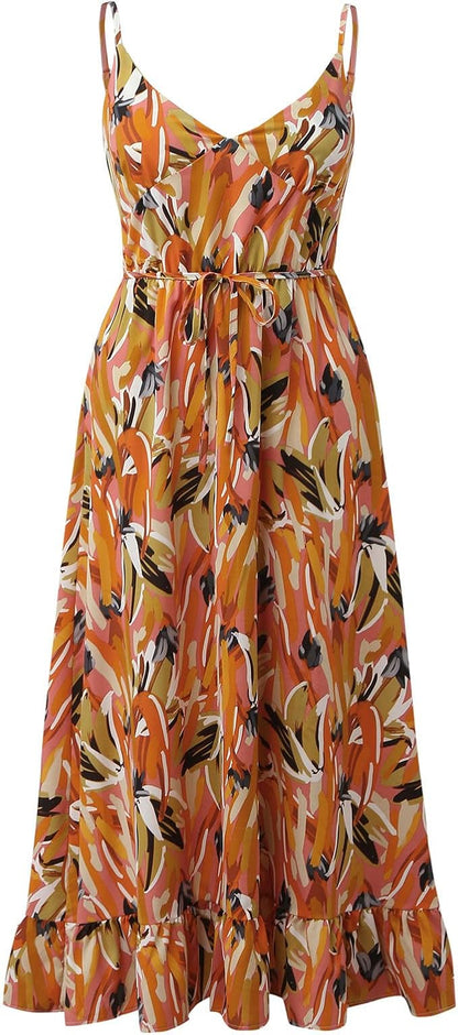 Dam Sommarklänning Boho Stil Polyester Spaghettiband V-Ringning Rygglös-4