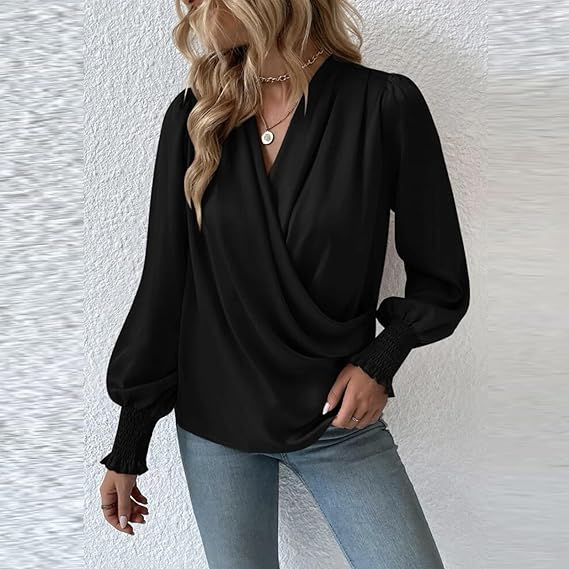 Dam Blus V-ringning Ballongärmar Polyester-4