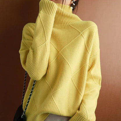 Dam Stickad Turtleneck Tröja Flätmönster Akryl-2