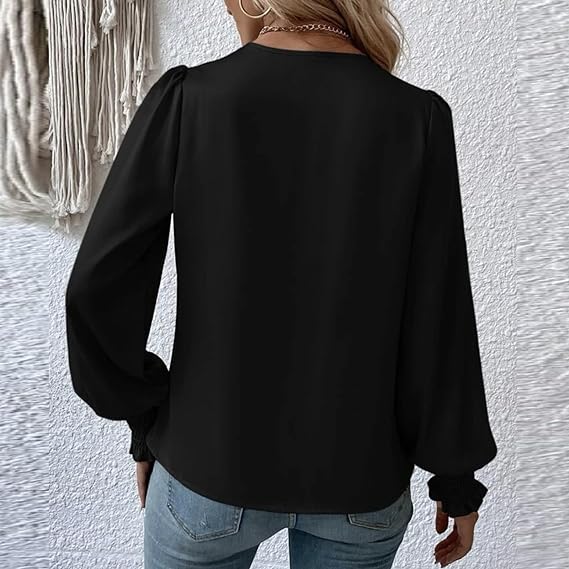 Dam Blus V-ringning Ballongärmar Polyester-5