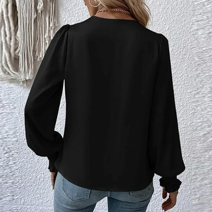 Dam Blus V-ringning Ballongärmar Polyester-5