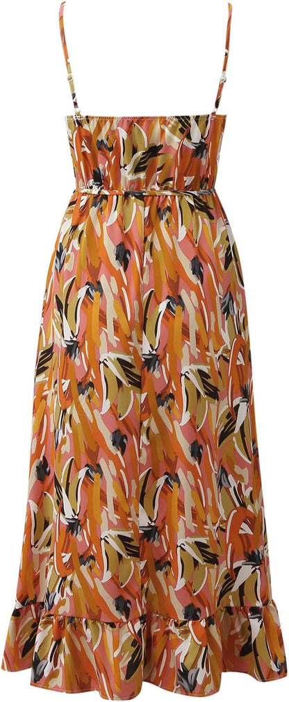 Dam Sommarklänning Boho Stil Polyester Spaghettiband V-Ringning Rygglös-3