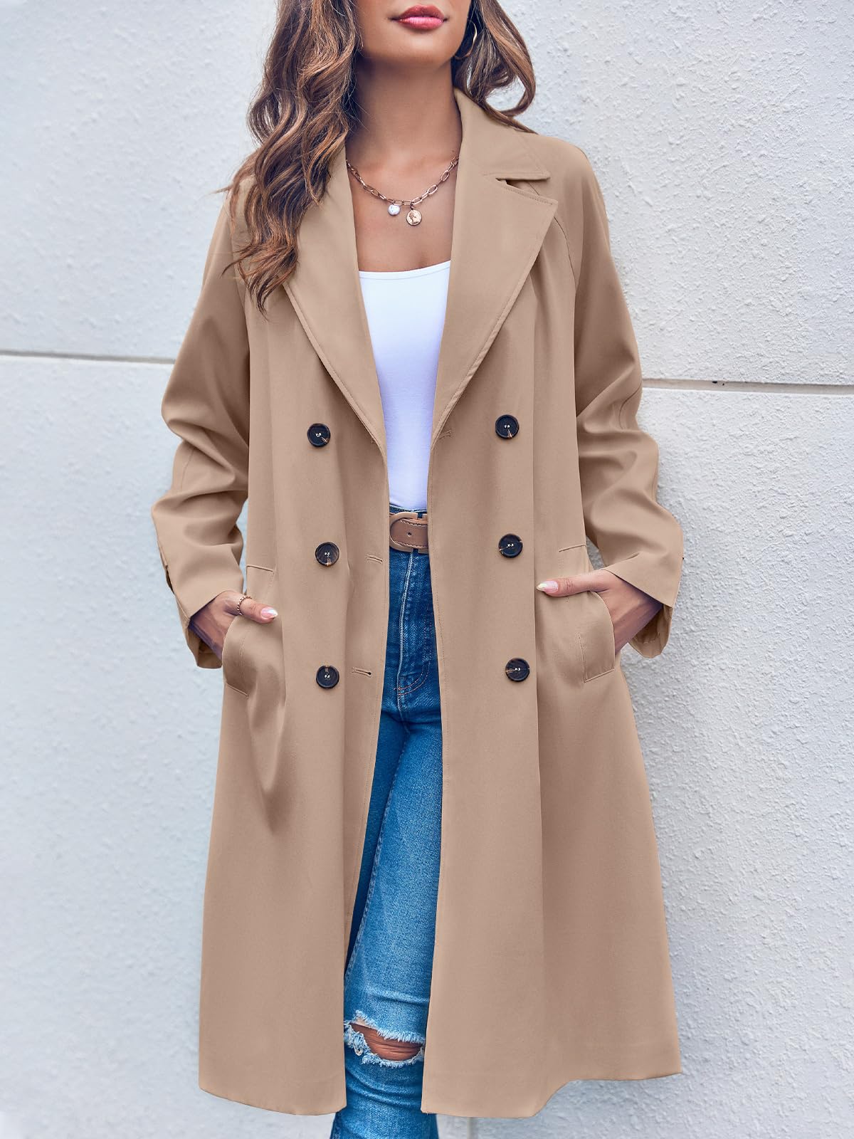 Kvinnors Trenchcoat Dubbel Rad Knapp med Bälte Polyester-4