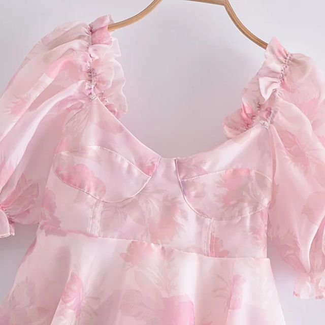 Kvinna Klänning Blommönster Puffärmar Organza-6