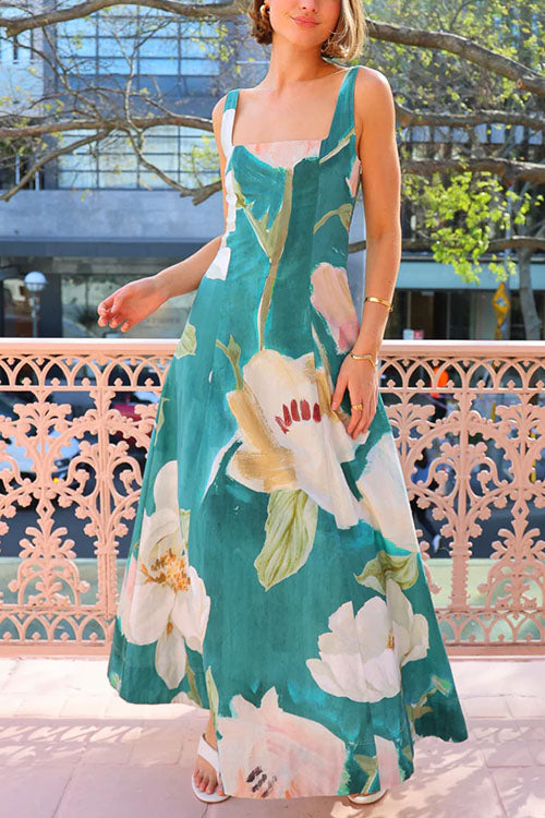 Maxiklänning Dam Blommönster Fyrkantig Halsringning Bomull Polyester-1