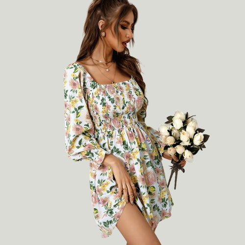 Fina Dam Klänningar Blommönster Vinkelhalsring 100% Polyester Långa Ärmar-1