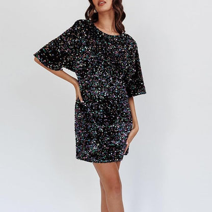 Dam Paljettklänning Klockärmar Polyester för Fest och Bröllop-6
