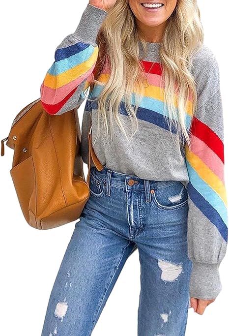 Stickad Dam Tröja med Färgglada Remsor i 100% Akryl-3