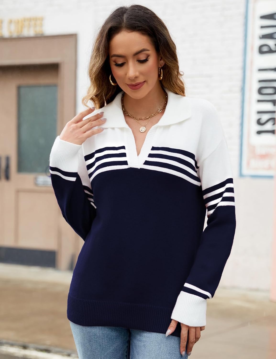 Kvinna Långärmad Tröja Randig Andningsbart Tyg med Krage-4