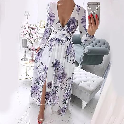 Dam Klänning Lång Ärmar Lätt Polyester Flödande Stil-3