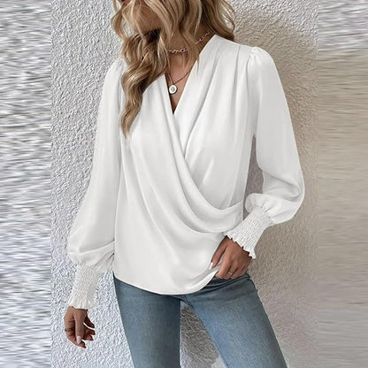 Dam Blus V-ringning Ballongärmar Polyester-2
