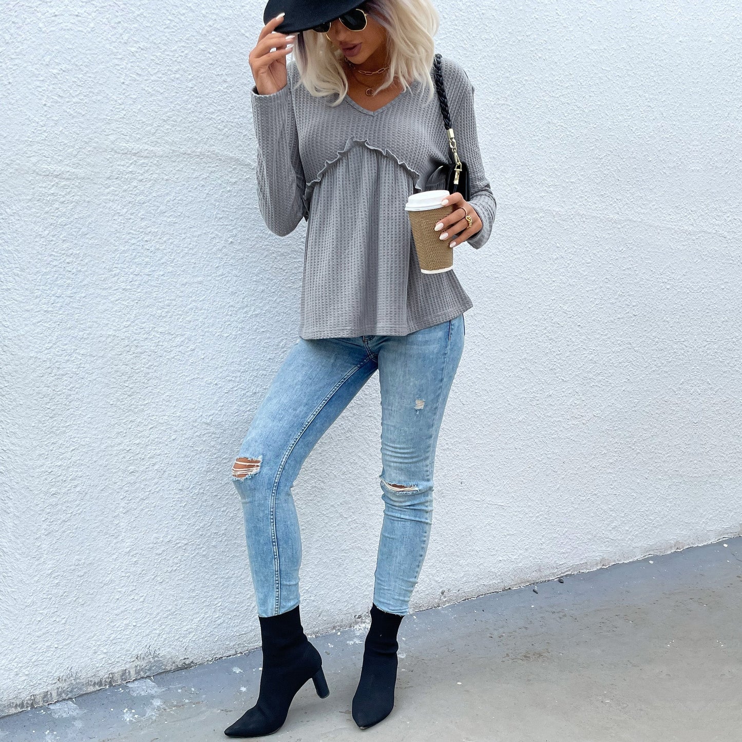 Stickad Dam Tröja V-halsad Polyester Oregelbunden Design med Långa Ärmar 6