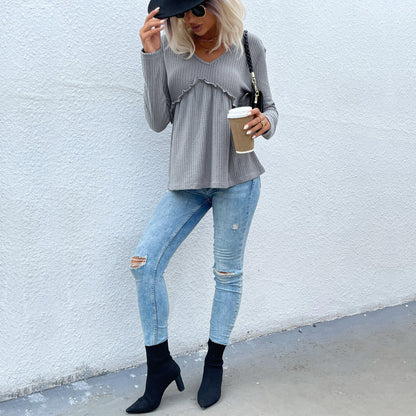 Stickad Dam Tröja V-halsad Polyester Oregelbunden Design med Långa Ärmar 6