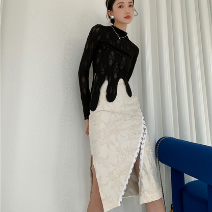 Kvinna Blus och Midi Kjol Transparent Blommönster Bomull Polyester-3