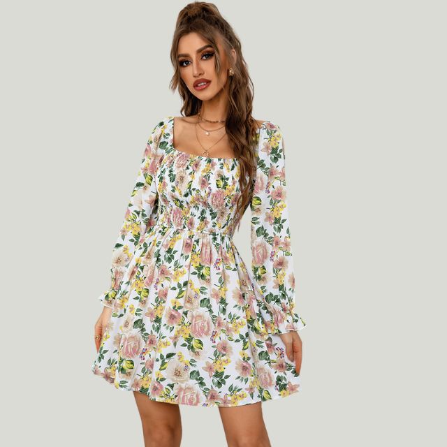 Fina Dam Klänningar Blommönster Vinkelhalsring 100% Polyester Långa Ärmar-3