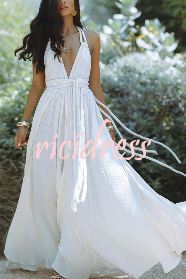 Maxiklänning Dam Djup V-hals Lätt Linneblandning Ankel-längd Sommar 3