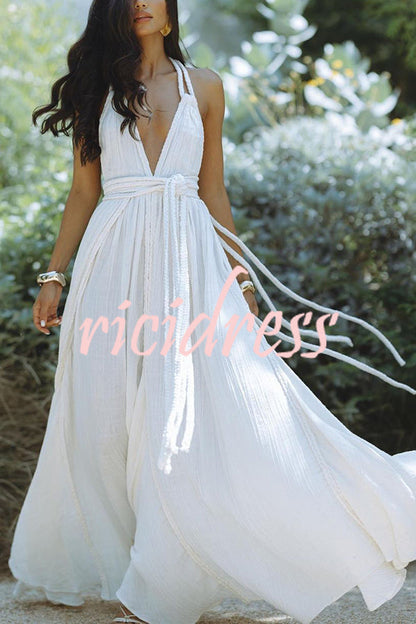 Maxiklänning Dam Djup V-hals Lätt Linneblandning Ankel-längd Sommar 3