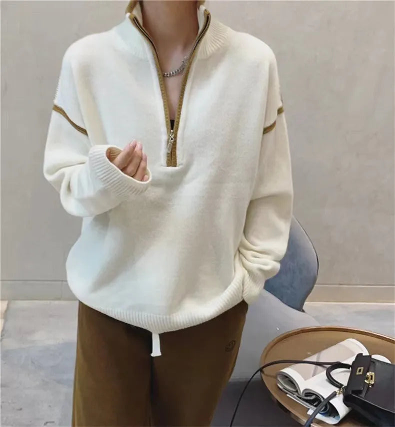 Dam Tröja Halv Dragkedja Mjuk Material-2