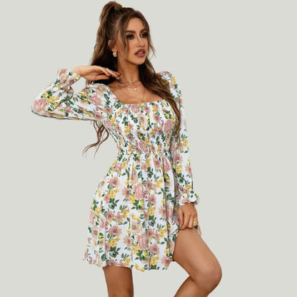 Fina Dam Klänningar Blommönster Vinkelhalsring 100% Polyester Långa Ärmar-2