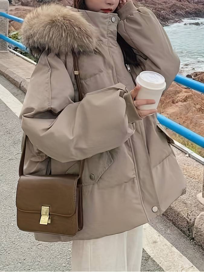 Lång Vinterrock Dam Överdimensionerad med Pälskrage Polyester 5