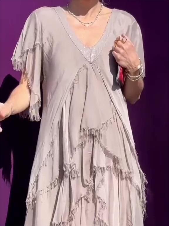 Dam Maxiklänning V-ringning Bohemisk Stil Lätt Material-5