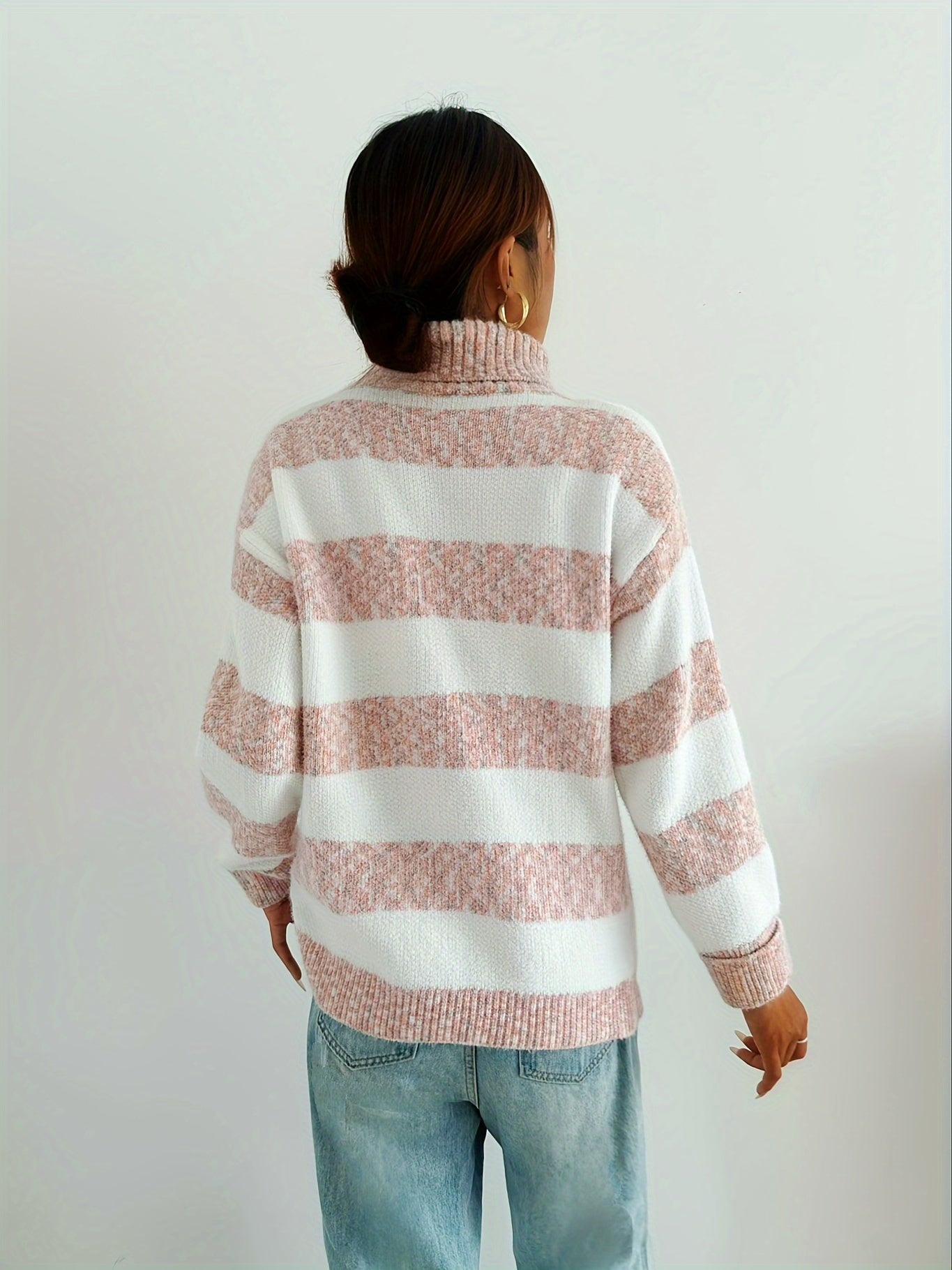 Stickad Dam Tröja Turtleneck Färgblock Mjuk Kvalitet-6