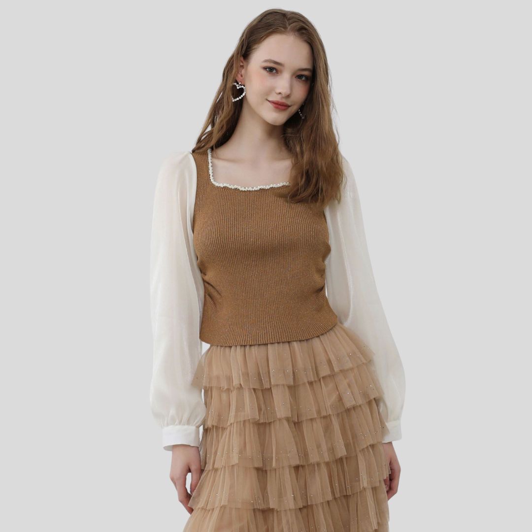 Dam Topp Fyrkantig Hals Puffärmar Polyester-4