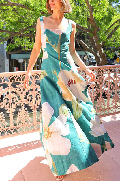 Maxiklänning Dam Blommönster Fyrkantig Halsringning Bomull Polyester-4