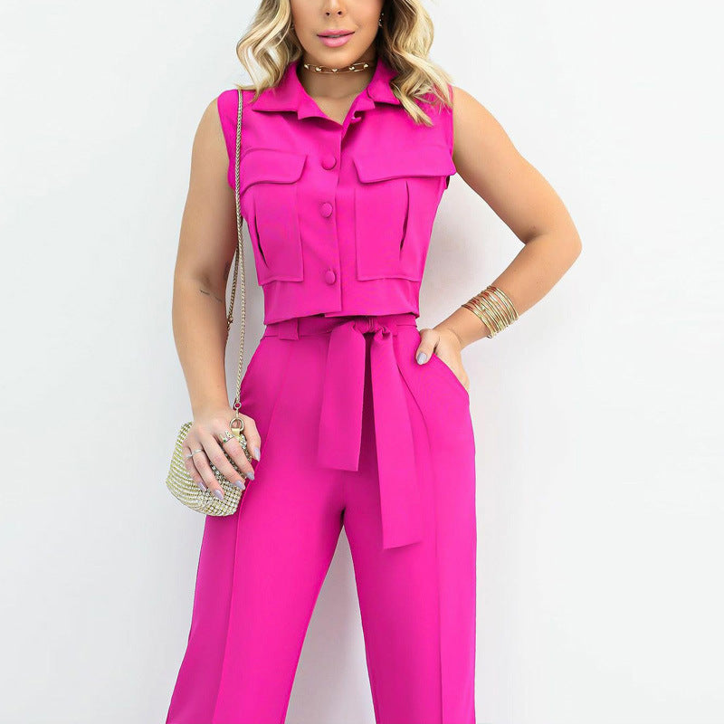 Dam Tvådelad Set Ärmlös Polyester med Fickor 1