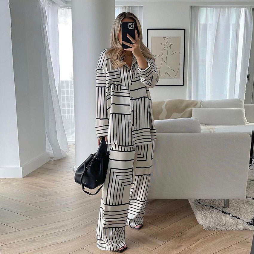 Dam Tvådelat Ensemble Långärmad Skjorta Polyester Vida Byxor-1