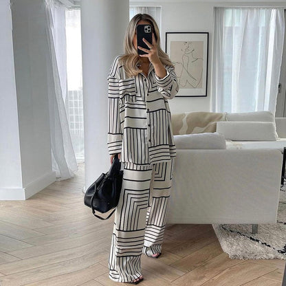 Dam Tvådelat Ensemble Långärmad Skjorta Polyester Vida Byxor-1