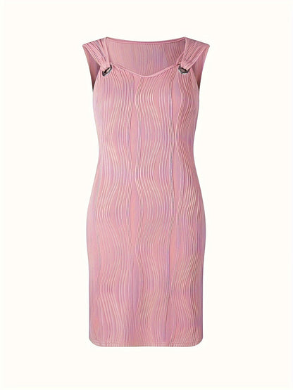 Ärmlös Miniklänning med V-ringning och Korrugerad Randig Design – Avslappnad Passform i Polyester 2