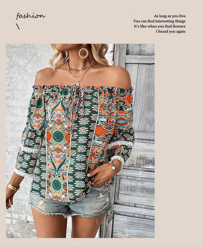 Dam Blus Blommigt Tryck Snörningar Polyester-5