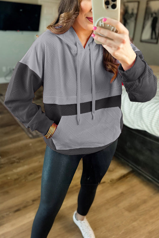 Lång Hoodie Dam Färgblockdesign 100% Bomull med Känguruväska-1