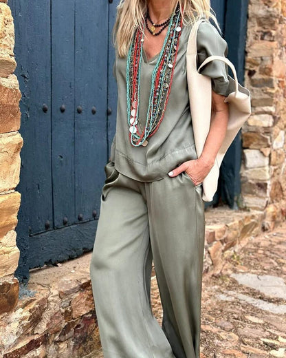 Kvinnors Avslappnat Set Blus och Byxor Lätt Material 8