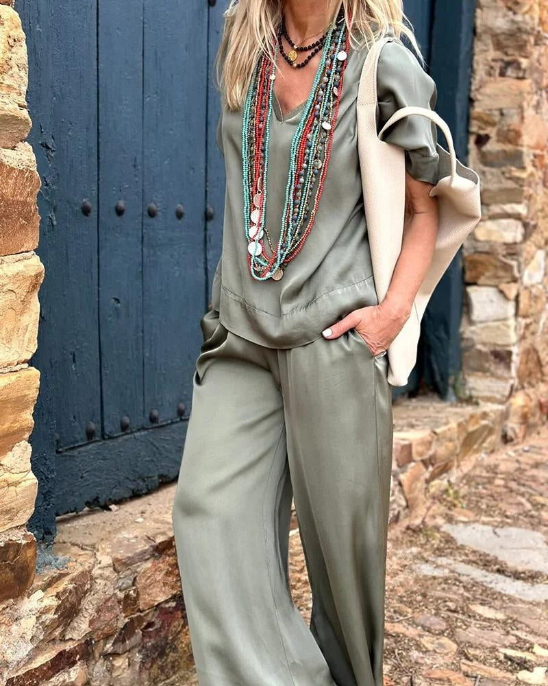 Kvinnors Avslappnat Set Blus och Byxor Lätt Material 6