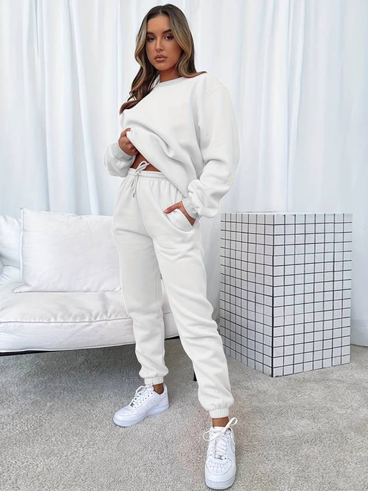 Tvådelat Jogging Set för Dam, Överdimensionerad Polyester, Långärmad Tröja och Medelhöga Byxor 1