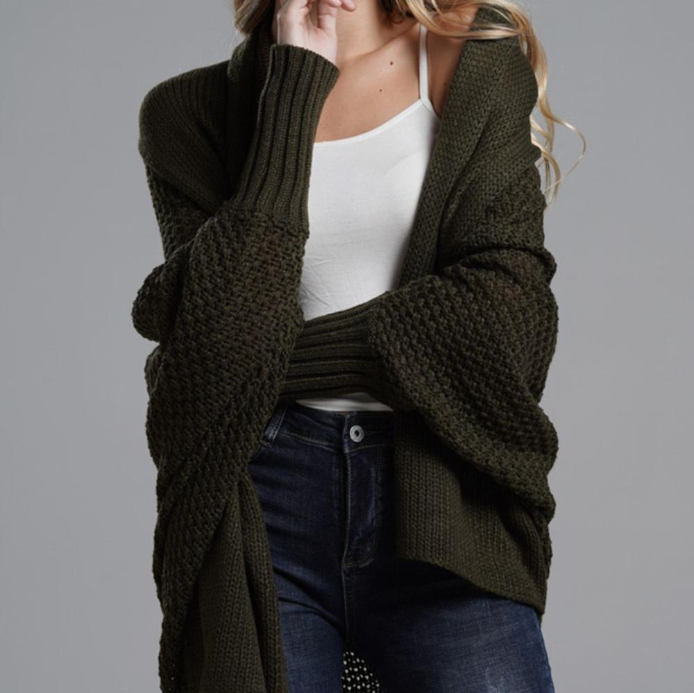 Kvinnor Lång Kofta Dolmanärmar Stickad Material-3