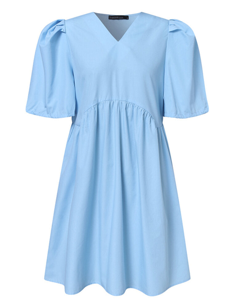 Fina Dam Klänningar Midi Puffärmar V-ringad Polyester-6